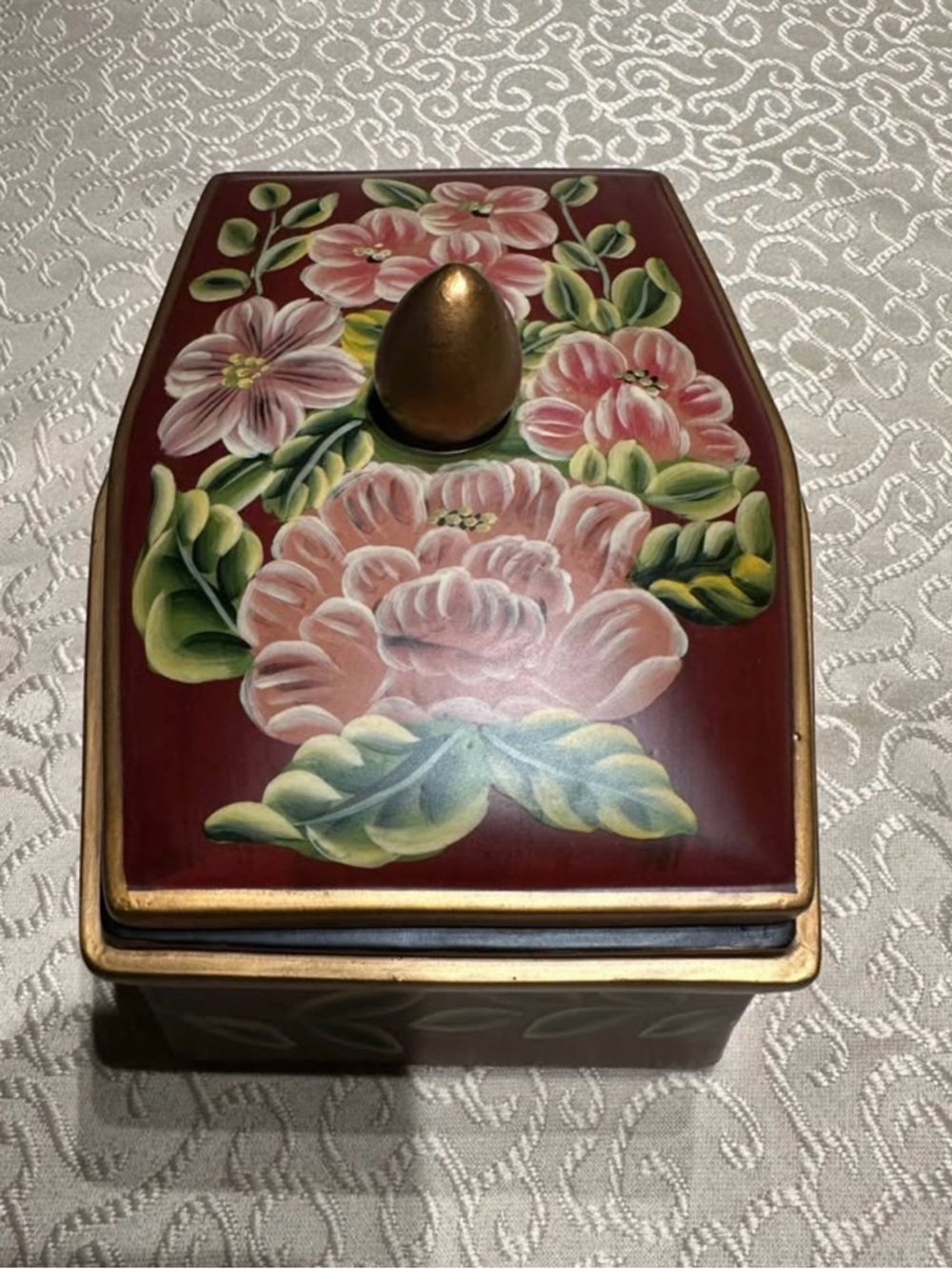 Floral Decorative Box with Gold Painted Knob - Red & Pink